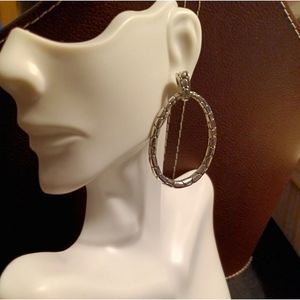 Silver Etched Oval Hoop Earrings